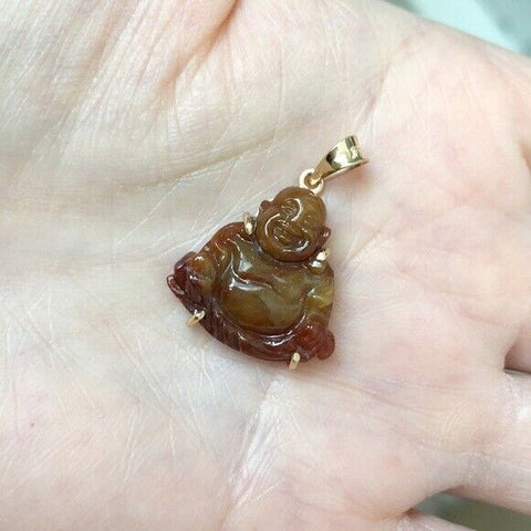 18K Solid Gold Happy Laughing Buddha Natural Red Jade Pendant -601 Small kids sz