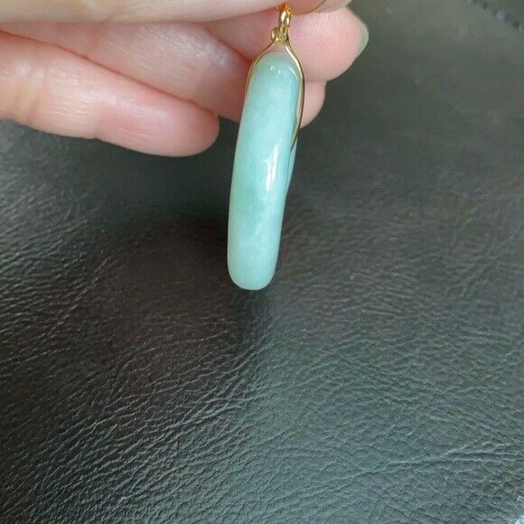 14K Solid Yellow Gold Round Double Donut Natural Jade Pendant Charm Light Green