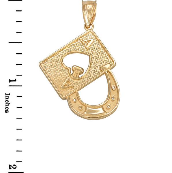 10k Yellow Gold Lucky Poker Ace Card Horseshoe Casino Gambling Pendant Necklace