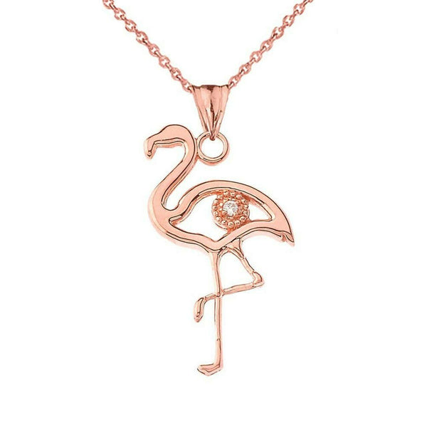 10k Solid Rose Gold Diamond Flamingo Pendant Necklace