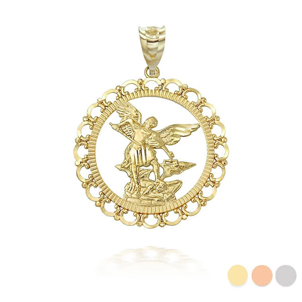 10k Yellow Gold Saint St Michael Archangel Openwork Pendant Necklace S, L
