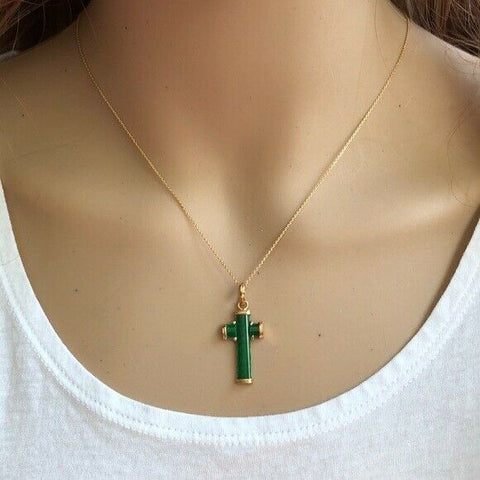 14K Solid Gold Green Jade Cross Pendant /Charm Dainty Necklace 16", 18"