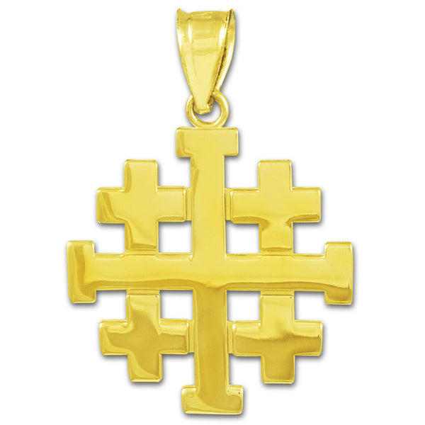14K Solid Yellow Gold Jerusalem "Crusaders" Cross Pendant Necklace