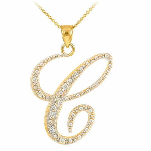 14k Solid Yellow Gold Diamonds Initial Script Letter C Pendant Necklace