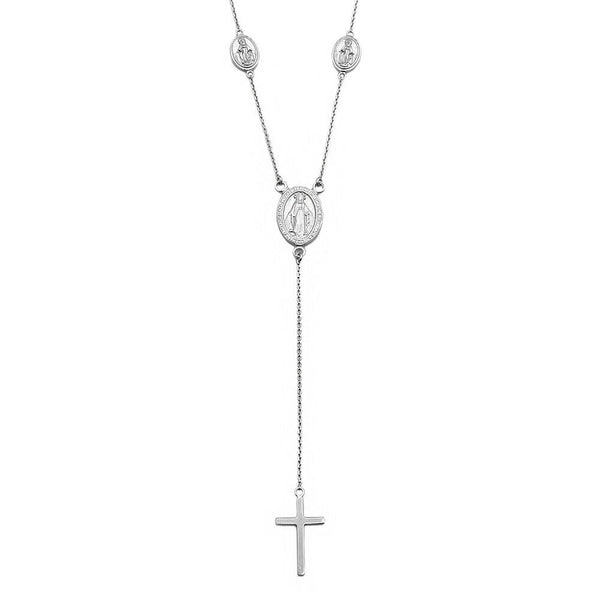 Sterling Silver 925 Rhodium Plated Religious Charms Necklace with Cross Drop 18"