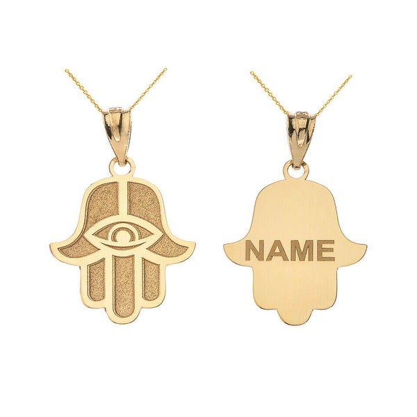 Personalized Name 10k 14k Gold Hamesh Hand Hamsa with Evil Eye Pendant Necklace