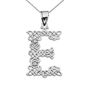 Sterling Silver CZ Celtic Knot Pattern Initial Letter E Pendant Charm Necklace