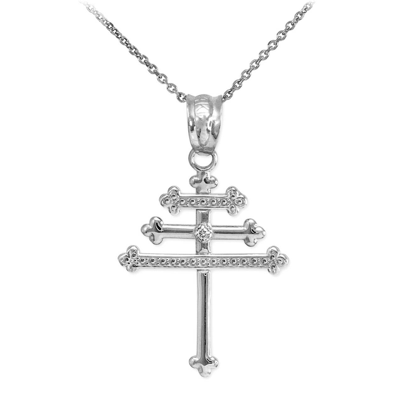 14k Solid White Gold Diamond Maronite Aramaic Cross Pendant Necklace