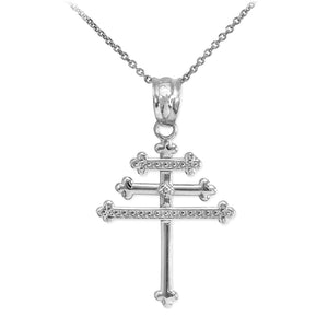 14k Solid White Gold Diamond Maronite Aramaic Cross Pendant Necklace