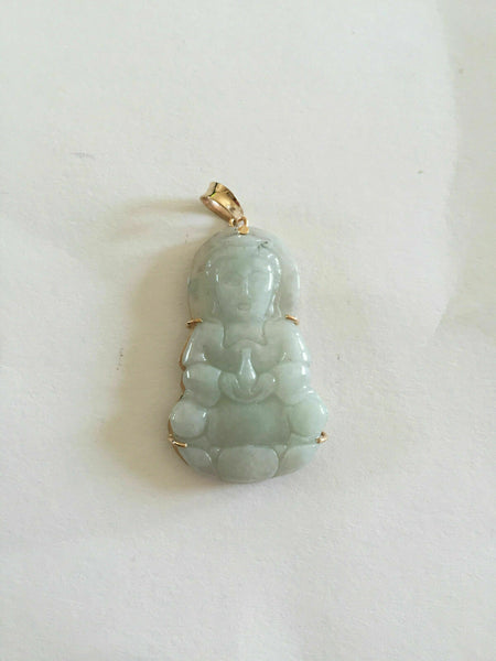 18K Solid Gold Female Buddha Quan/Kwan Yin Natural Jade Pendant Charm Carved