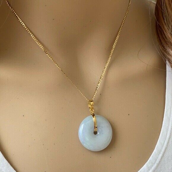 14K Solid Fine Real Yellow Gold Round Donut Natural Jadeite Icy Jade Pendant