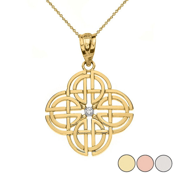 10K Solid Gold Diamond Celtic Knot Geometric Circular Pendant Necklace