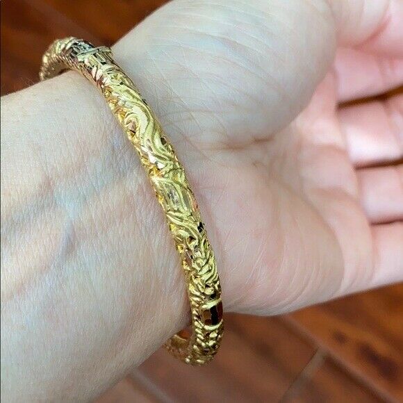 18K Real Fine Yellow Gold Engraved Dragon Phoenix Round Bangle Bracelet 58 mm