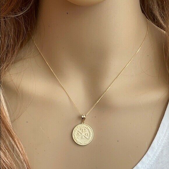 10K Solid Rose Gold Ancient Christian Chi Rho Px Symbol Pendant Necklace