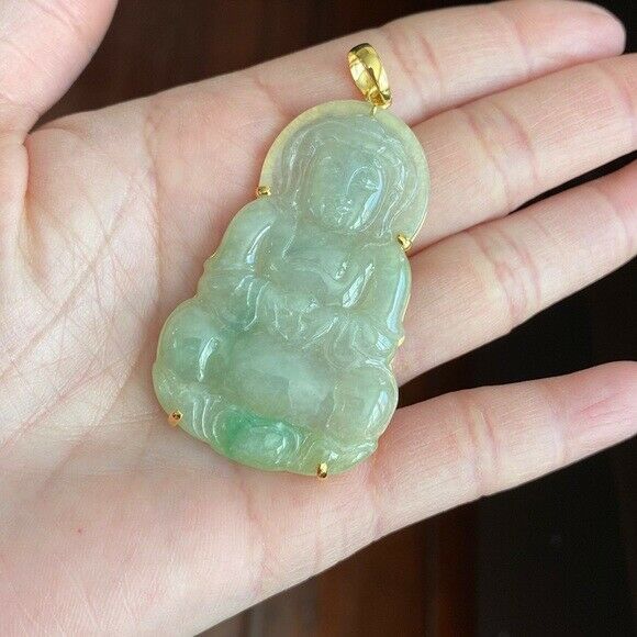 14K Solid Gold Lady Tara Buddhist Buddha Natural Jade Pendant Bodhisattva