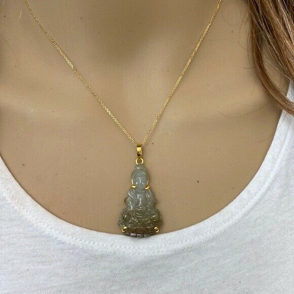 14K Real solid Gold Genuine Natural Jade Kwan Yin Lady Buddha Pendant Necklace