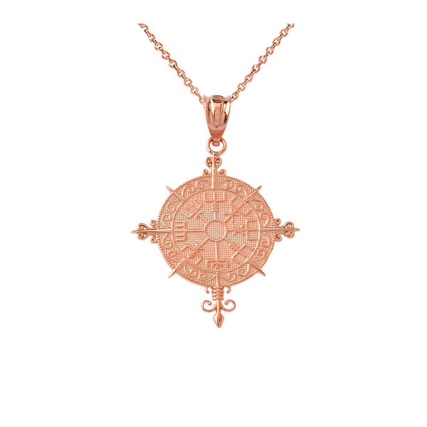 14K Solid Gold Ancient Viking Compass Pendant Necklace