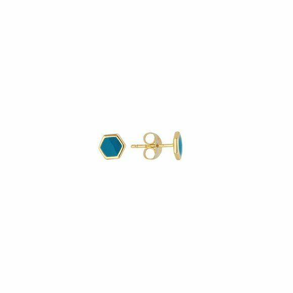 14K Solid Gold Turquoise Enamel Mini Stud Hexagon Shape Earrings -Minimalist