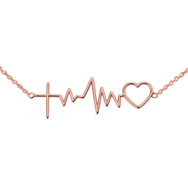 14k Solid Rose Gold Heart Beat Heartbeat with Cross Pendant Necklace