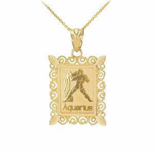 14k Solid Gold Aquarius Zodiac Sign Filigree Rectangular Pendant Necklace