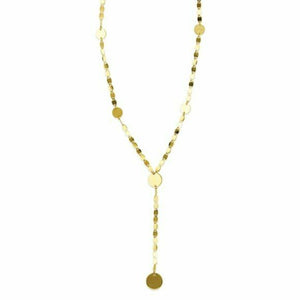 14K Solid Gold Dangle Drop Disk Disc Lariat Chain Adjustable Necklace