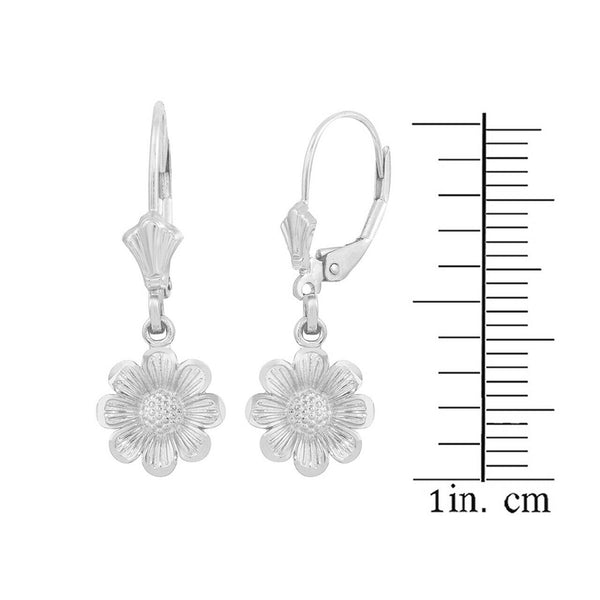 14k Solid White Gold Sunflower Diamond Cut Leverback Earrings Set