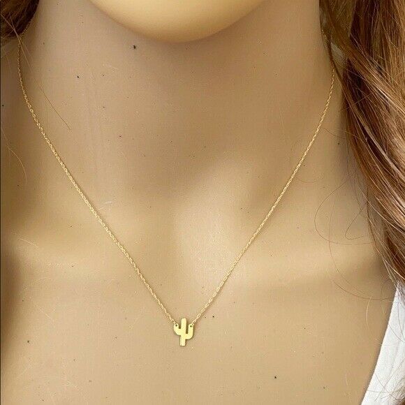 14K Solid Real Yellow Gold Mini Small Cactus Dainty Necklace - Minimalist