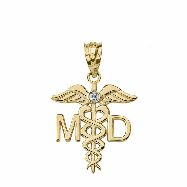 Solid 14k Yellow Gold Diamond MD Medical Doctor Wings Pendant Necklace