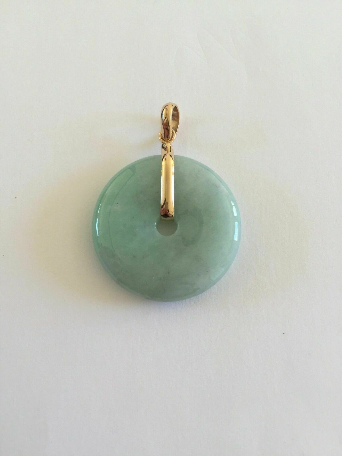 18K Solid Yellow Gold White Light Green Donut Round Natural Real Jade Pendant