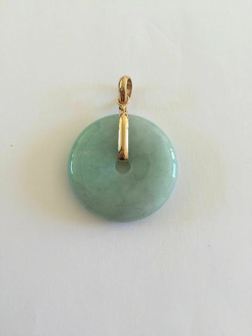 18K Solid Yellow Gold White Light Green Donut Round Natural Real Jade Pendant
