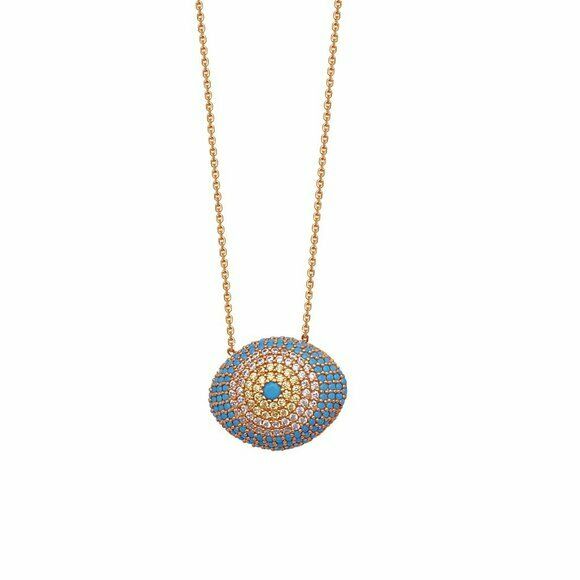 925 Sterling Silver Rose Gold Plated Turquoise Puffed Evil Eye Adjust Necklace