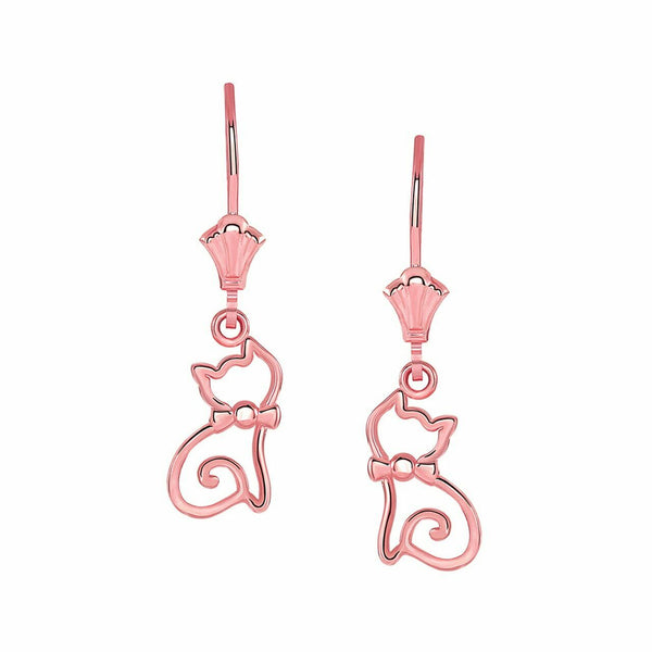 10k Solid Rose Gold Openwork Cat Oultine Leverback Earrings