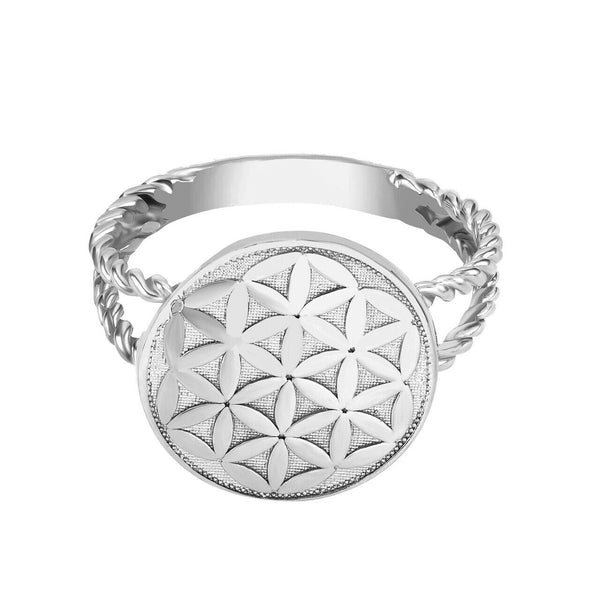 925 Sterling Silver Round Rope Split Shank Flower of Life Design Unisex Ring