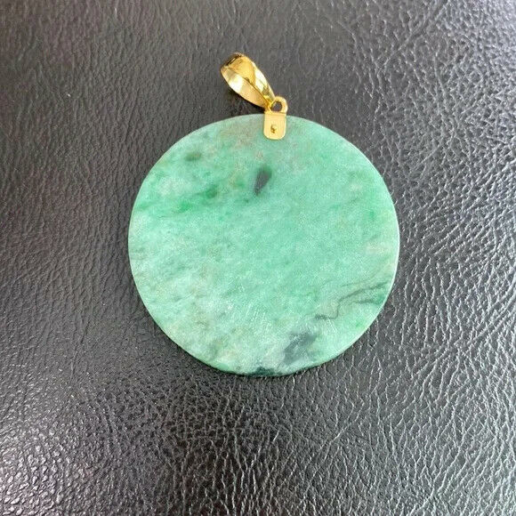 14K Solid Real Gold Carved Jade Plain Green Round Pendant Large