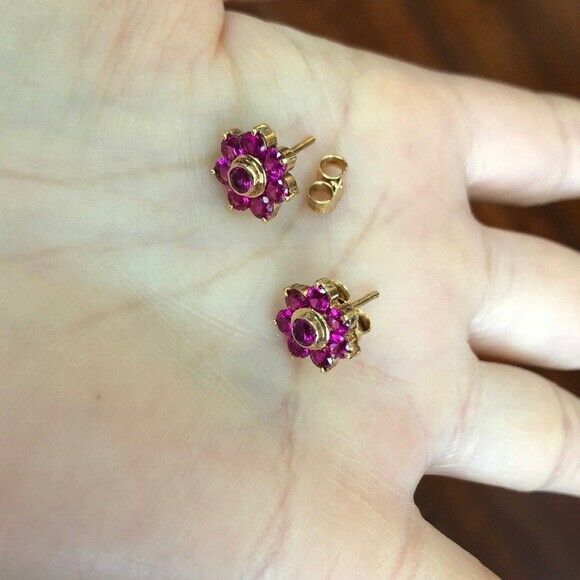 14K Solid Yellow Gold Pink Red Flower Stud Earrings