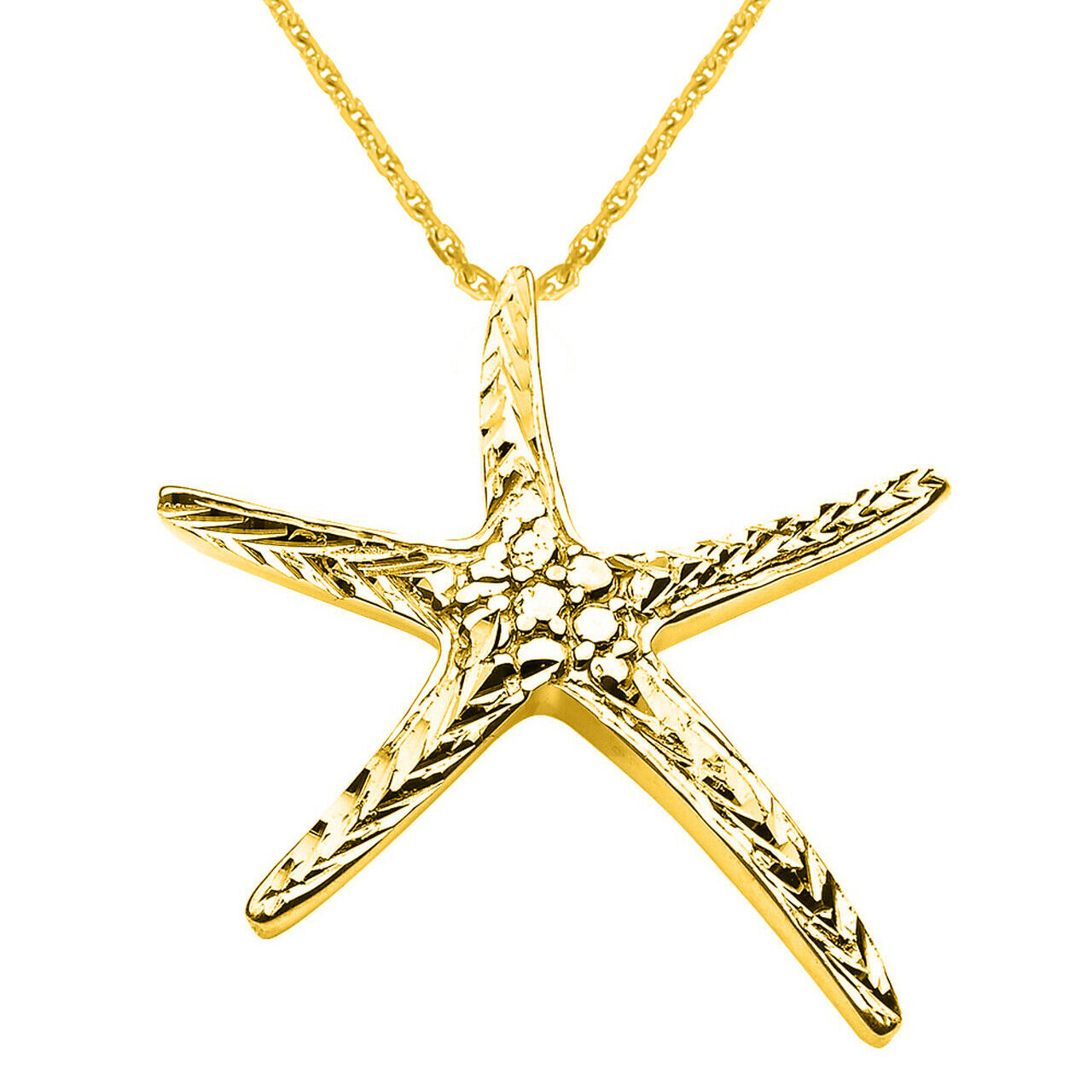 14K Solid Yellow Gold Diamond Cut Starfish Star Fish Pendant Necklace