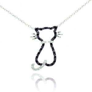 925 Sterling Silver Rhodium Plated Open Cat Black & Clear CZ Necklace 16"-18"