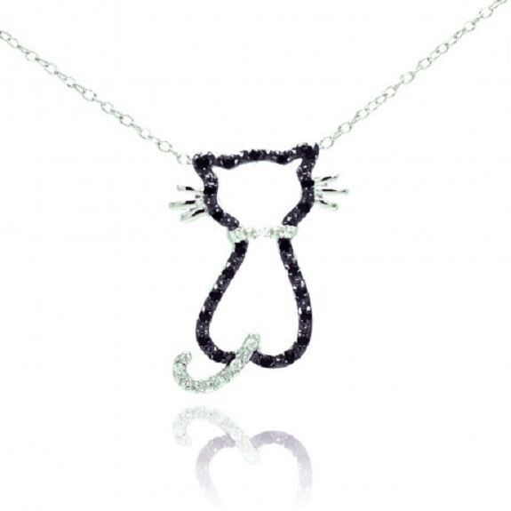 925 Sterling Silver Rhodium Plated Open Cat Black & Clear CZ Necklace 16"-18"