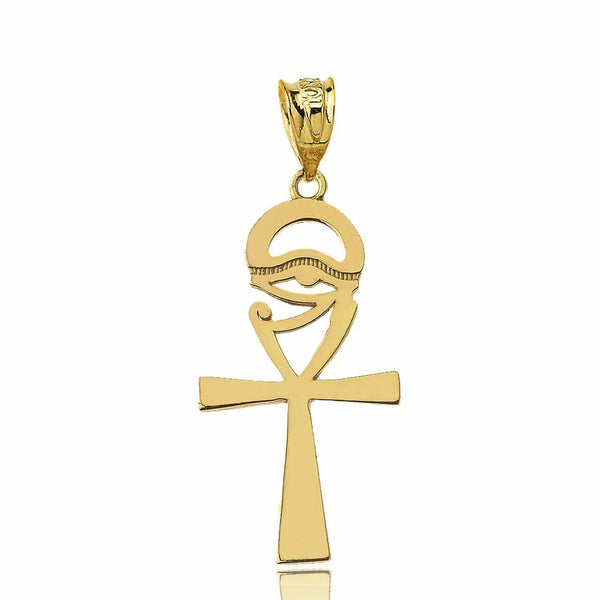 10k Solid Yellow Gold Ankh Cross Eye Of Horus Pendant Necklace