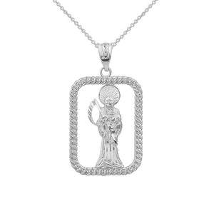 Sterling Silver Santa Muerte Rectangle Diamond Cut Pendant Necklace Made in US
