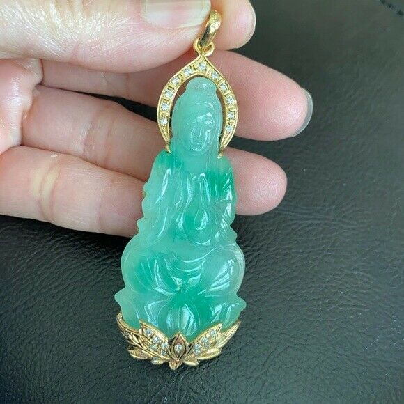 14K Solid Gold Guanyin Kwan Yin Female Buddha Jade Pendant Large Female