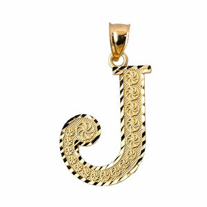 Solid 10K Yellow Gold Diamond-cut Initial Letter Pendant Necklace J