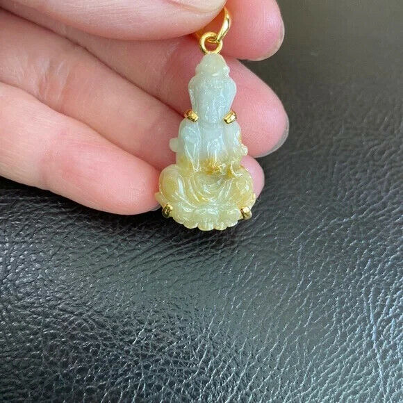 14K Solid Gold Kwan Yin Guanyin Female Buddha Natural Jade Pendant Necklace