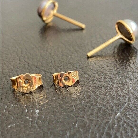 14K Solid Yellow Gold Dark Gray Pearl Stud Earrings - Minimalist
