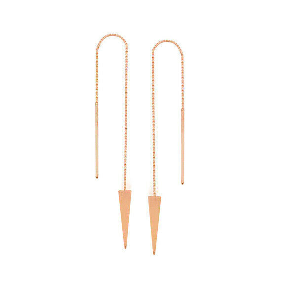 14K Solid Rose Gold Draw The Line Jagger Box Chain Triangle Threader Earrings