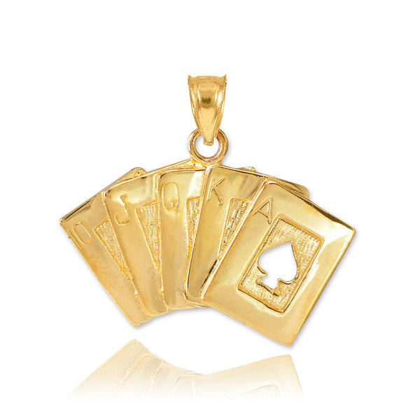 14k Solid Gold Royal Flush Pendant Necklace Ace Of Spade A K Q J 10 Poker Cards