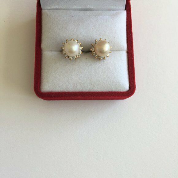 Small 14K Solid Yellow Gold Pearl CZ Stud Earrings