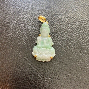 14K Solid Gold Kwan Yin Guanyin Female Buddha Natural Jade Pendant Necklace S