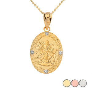 10k Solid Gold Saint Mark Oval Diamond Pendant Necklace