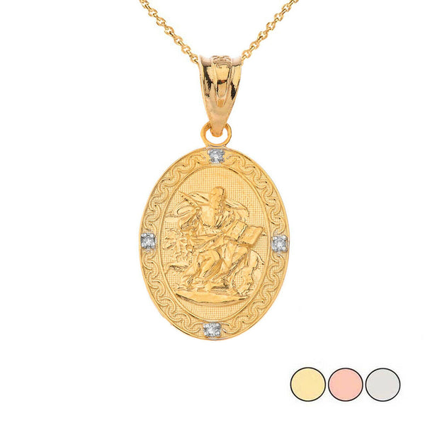 10k Solid Gold Saint Mark Oval Diamond Pendant Necklace